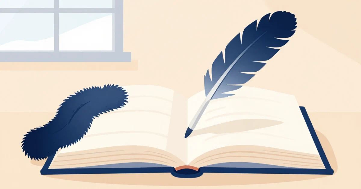 Раскрытая книга с перьевой ручкой и тулупом — иллюстрация к разбору «Капитанской дочки» для итогового сочинения