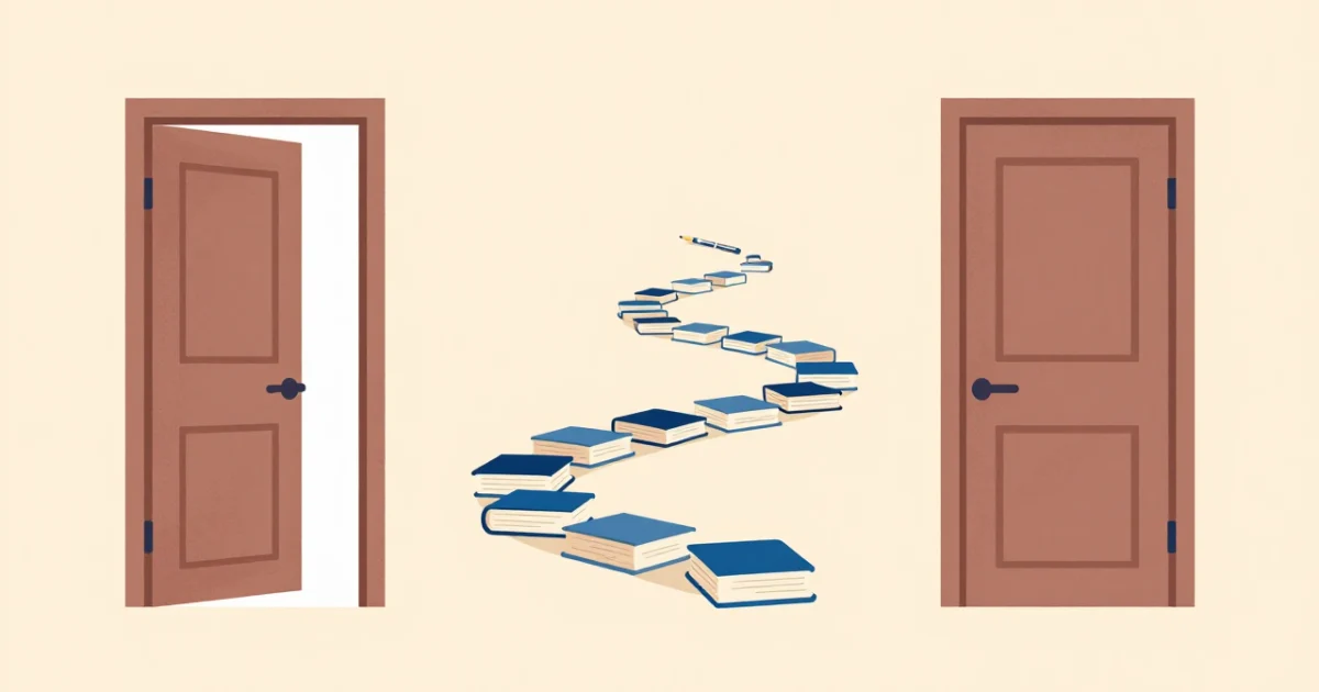 Две двери, соединённые дорожкой из книг, — начало и конец сочинения